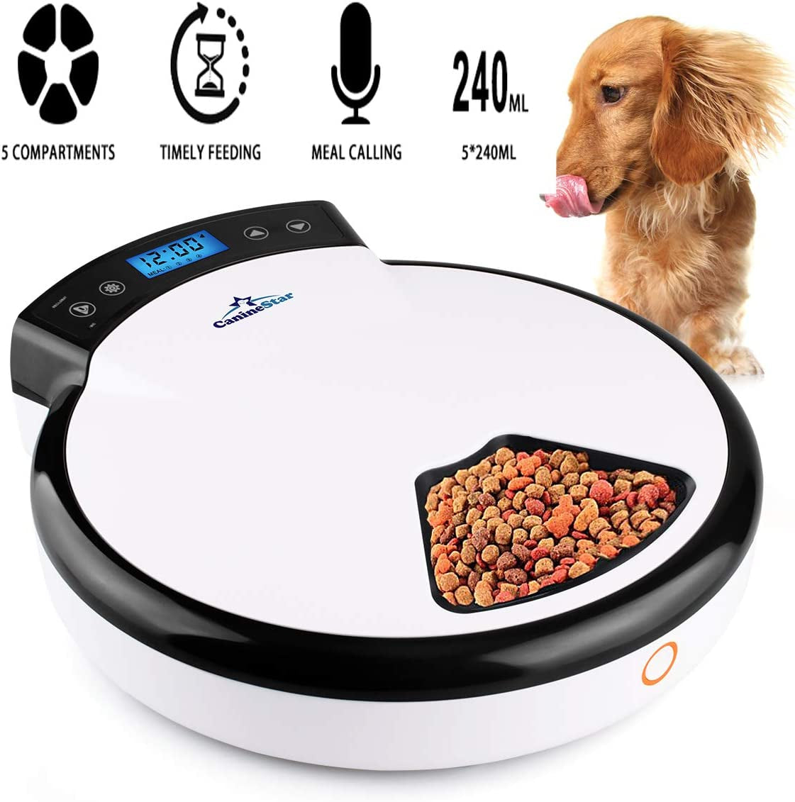 5-Meals Automatic Cat Feeder Auto Pet Feeder with Digital Timer Dry Wet Food Dispenser Voice Recorder & Speaker for Cat and Small Dog by Caninestar