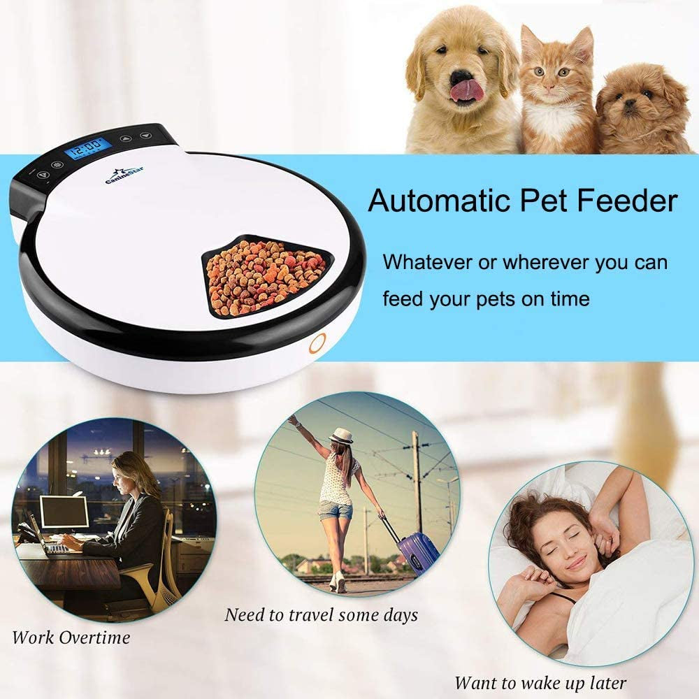 5-Meals Automatic Cat Feeder Auto Pet Feeder with Digital Timer Dry Wet Food Dispenser Voice Recorder & Speaker for Cat and Small Dog by Caninestar