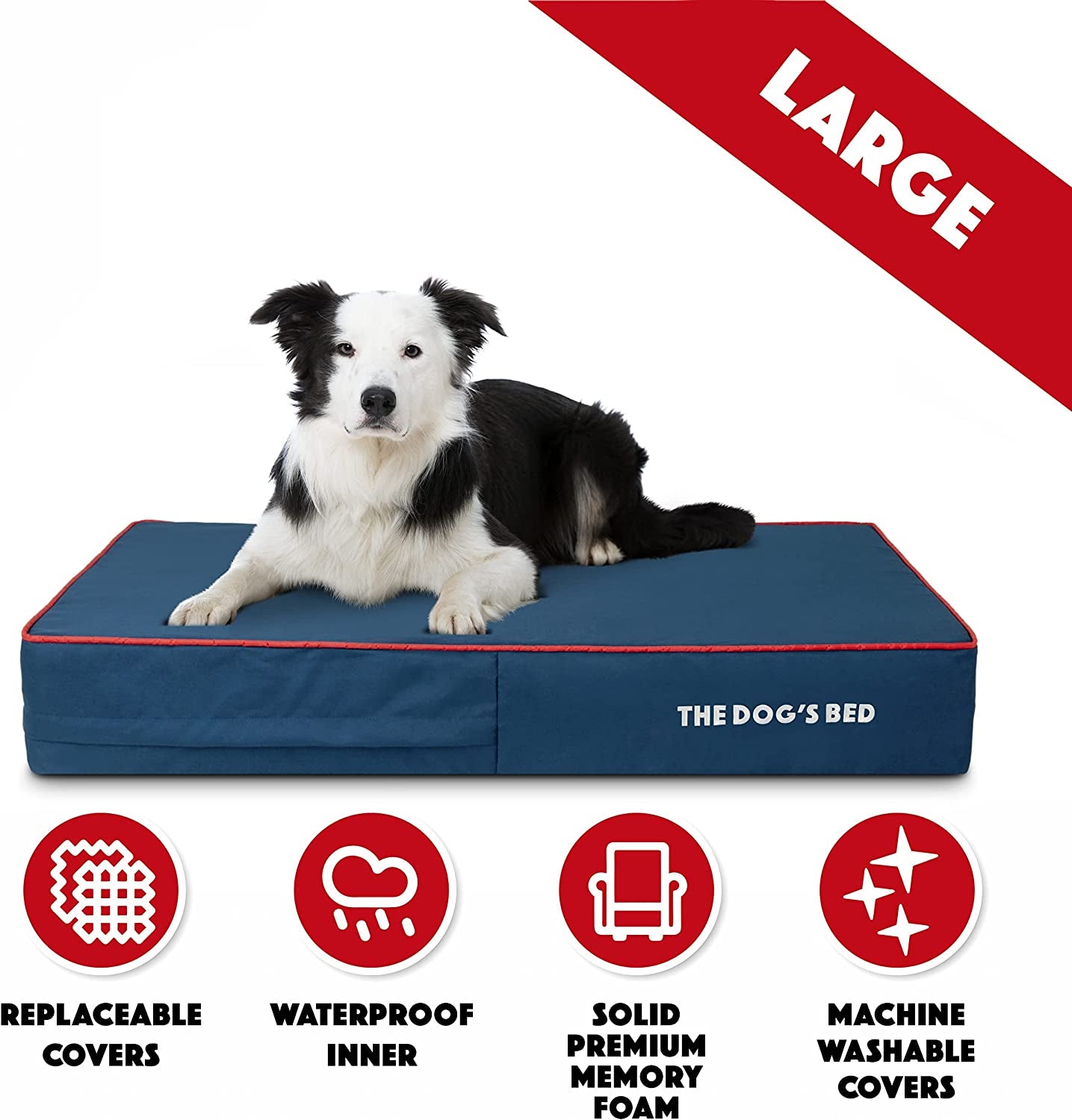 The Dog’S Bed Orthopedic Memory Foam Dog Bed, Large Blue/Red 40X25, Pain Relief for Arthritis, Hip & Elbow Dysplasia, Post Surgery, Lameness, Supportive, Calming, Waterproof Washable Cover