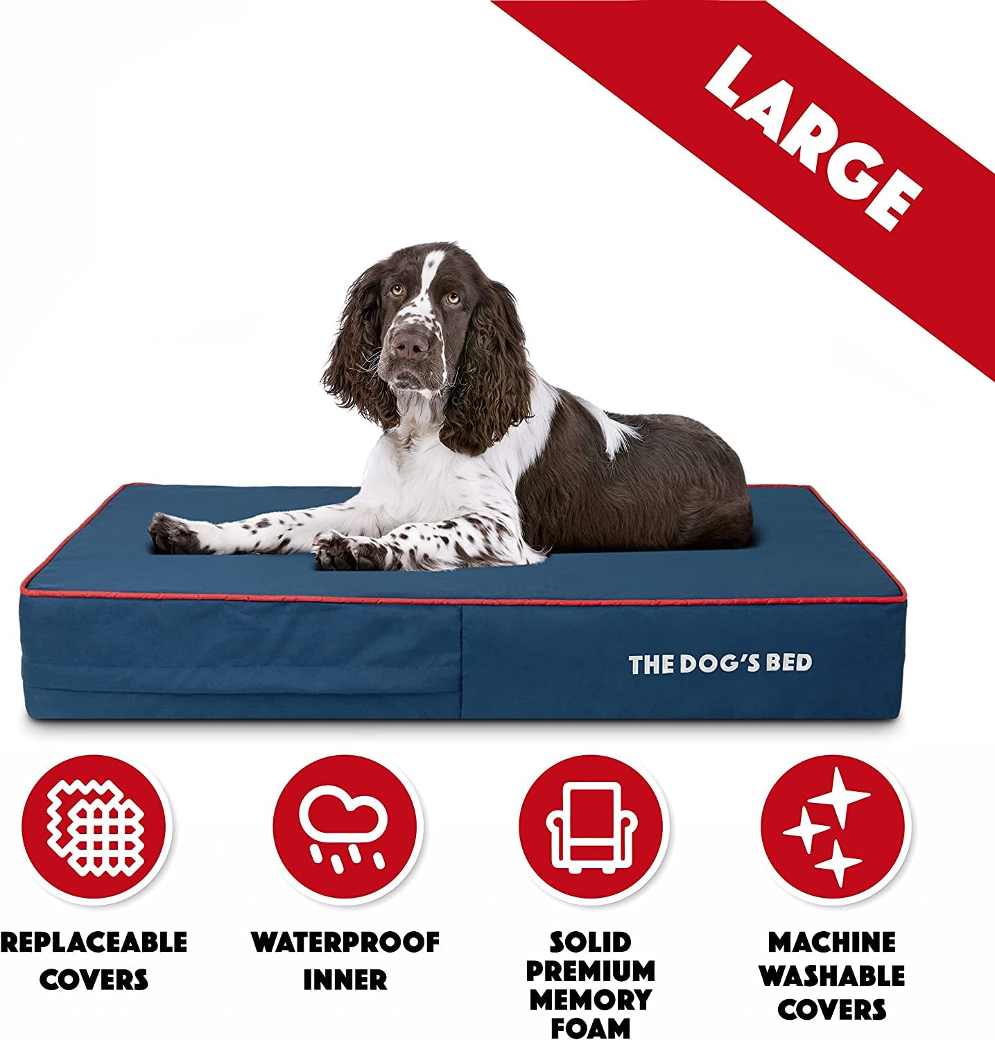 The Dog’S Bed Orthopedic Memory Foam Dog Bed, Large Blue/Red 40X25, Pain Relief for Arthritis, Hip & Elbow Dysplasia, Post Surgery, Lameness, Supportive, Calming, Waterproof Washable Cover
