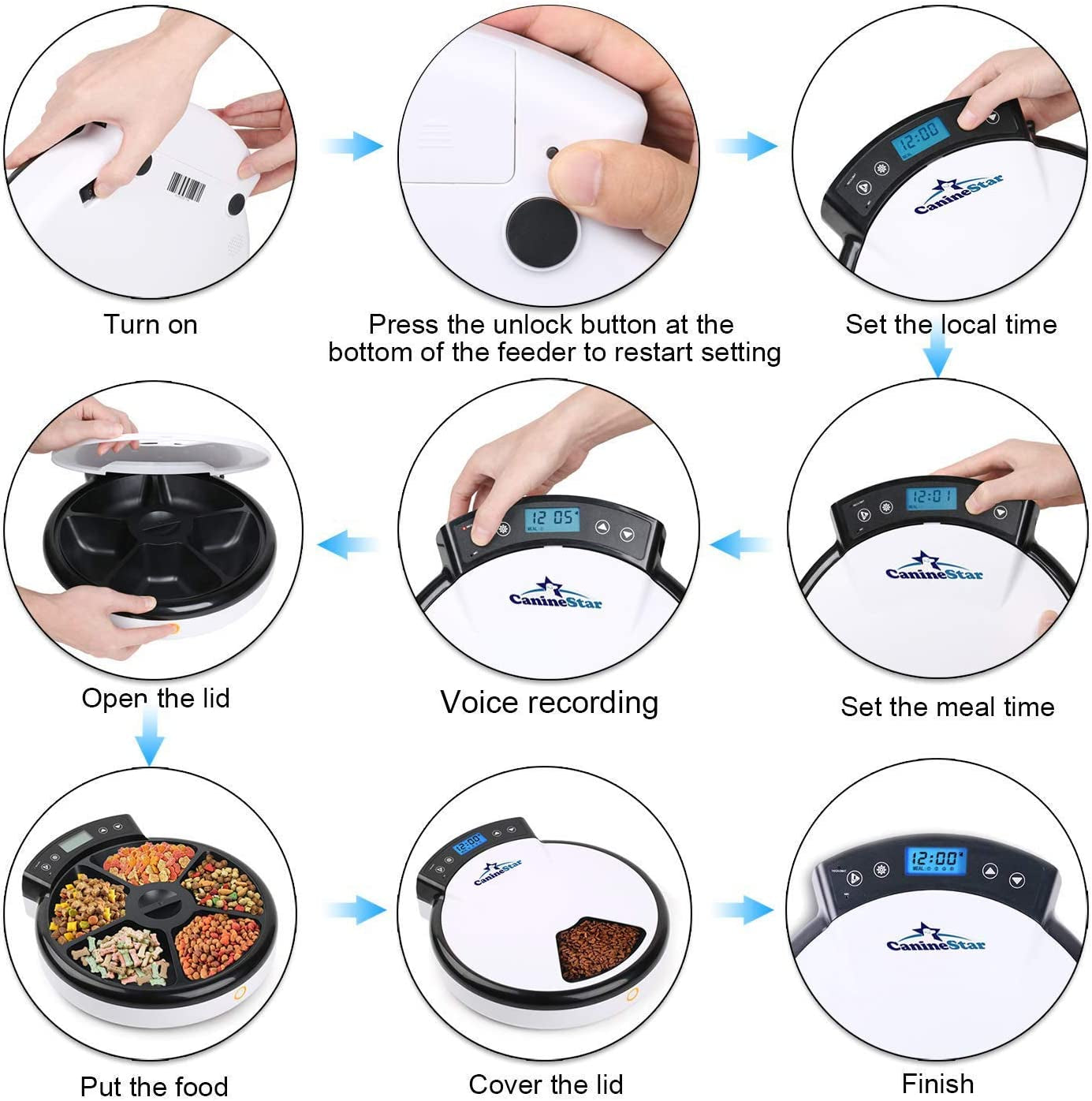 5-Meals Automatic Cat Feeder Auto Pet Feeder with Digital Timer Dry Wet Food Dispenser Voice Recorder & Speaker for Cat and Small Dog by Caninestar