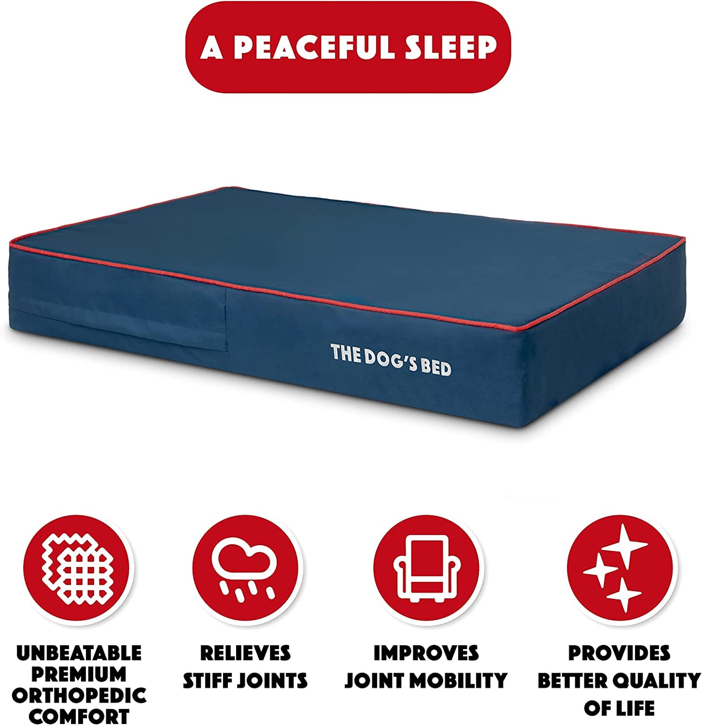 The Dog’S Bed Orthopedic Memory Foam Dog Bed, Large Blue/Red 40X25, Pain Relief for Arthritis, Hip & Elbow Dysplasia, Post Surgery, Lameness, Supportive, Calming, Waterproof Washable Cover