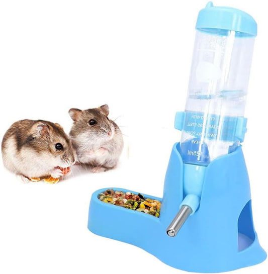 Small Animal Water Bottles, 3 in 1 No Drip Hamster Water Bottle Free Standing Small Pets Water Dispenser with Stand /Food Dish for Dwarf Hamsters, Gerbils and Other Small Rodents (125Ml,Blue)