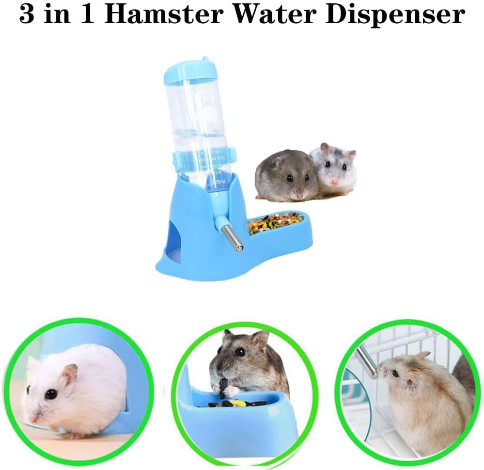 Small Animal Water Bottles, 3 in 1 No Drip Hamster Water Bottle Free Standing Small Pets Water Dispenser with Stand /Food Dish for Dwarf Hamsters, Gerbils and Other Small Rodents (125Ml,Blue)