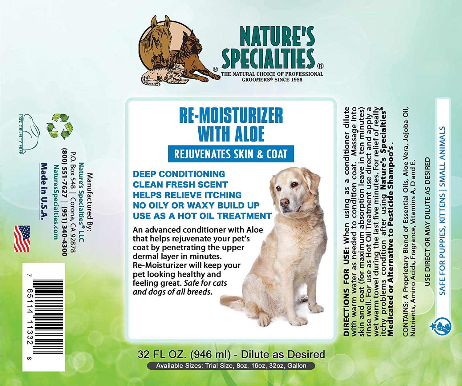 Re-Moisturizer with Aloe Conditioner for Dogs Cats, Non-Toxic Biodegradeable, 1Gal