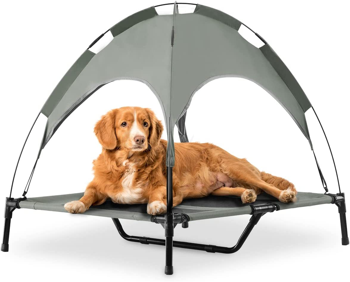 outside Lifted Dog Bed Waterproof Portable Dog Bed with Canopy for Medium Dogs Indoor and Outdoor, Detachable Dome Dog House with Removable Cover, with Extra Carry Bag, Grey