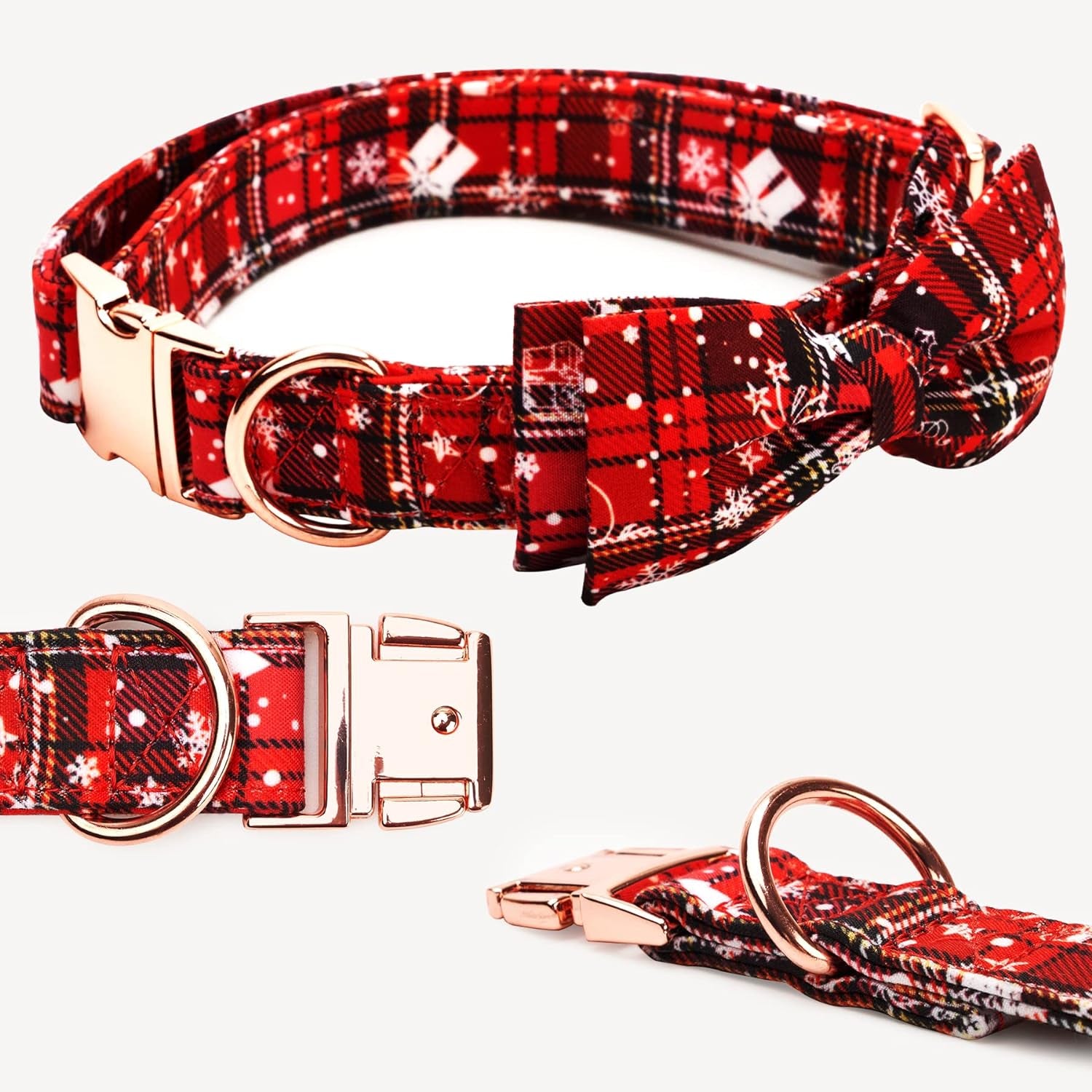 Christmas Dog Collar with Removable Bow Tie Classic Plaid Snowflake Pattern Soft Puppy Collars Durable Pet Collars for Small Medium Large Dogs