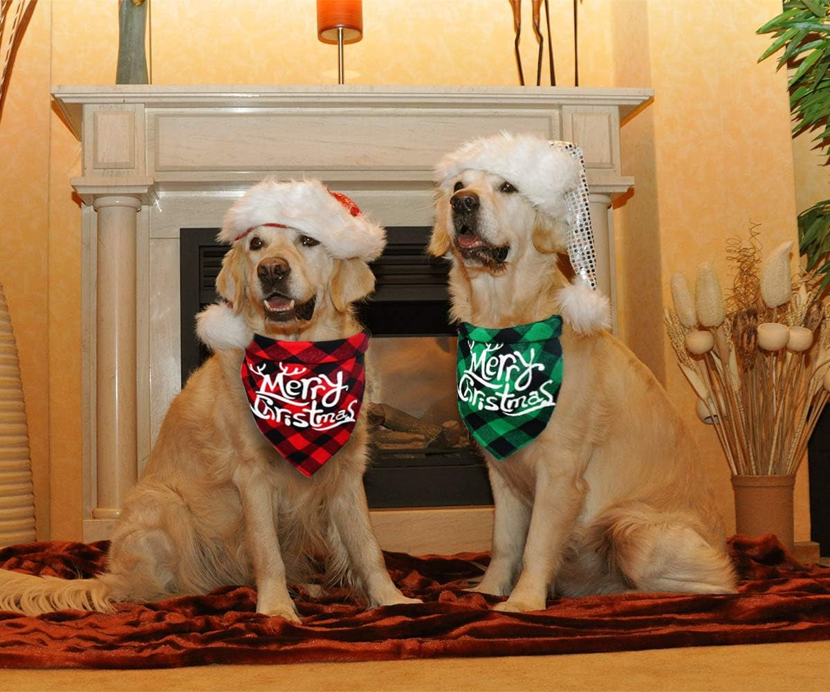 2 Pack Dog Christmas Bandana, Classical Buffalo Plaid Pet Bandana, Reversible Scarf Triangle Bibs Kerchief Set (2 Pack, Red&Green, Merry Chrismas Pattern)
