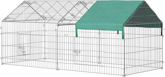 Catio Metal Chicken Run, 86.5" X 40.5" Portable Small Animal Playpen for Rabbit, Outdoor Dog Kennel with Water-Resistant Cover, Green