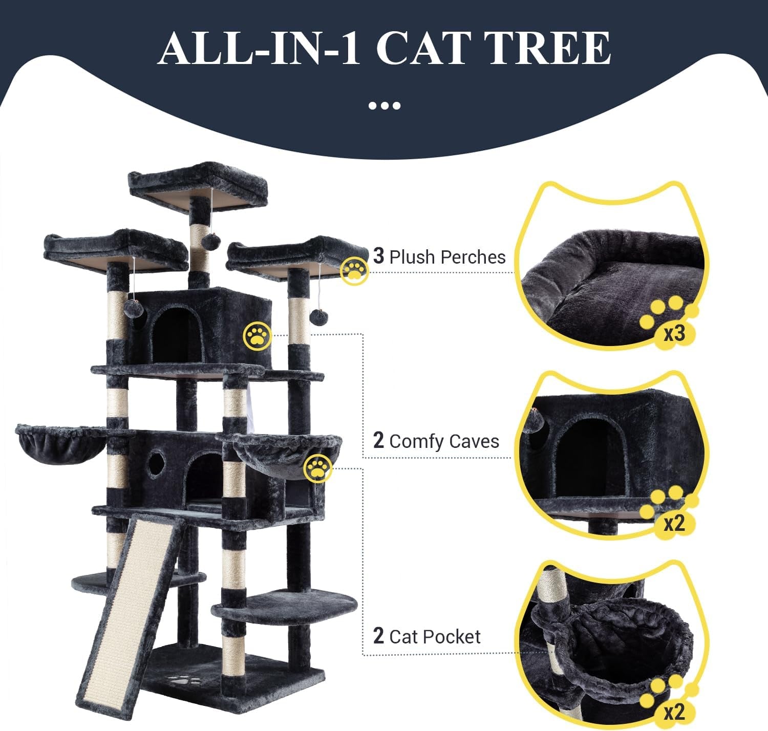 68 Inches Cat Tree/Cat Tree House and Towers for Large Cat/Cat Climbing Tree with Cat Condo/Cat Tree Scratching Post/Multi-Level Large Cat Tree/Smokey Grey