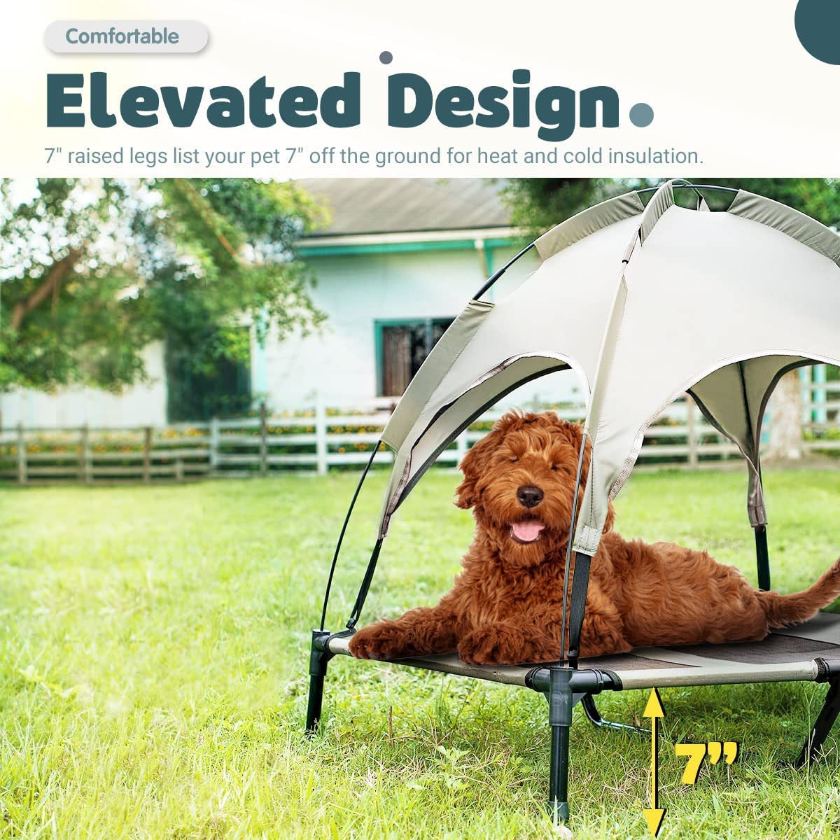 outside Lifted Dog Bed Waterproof Portable Dog Bed with Canopy for Medium Dogs Indoor and Outdoor, Detachable Dome Dog House with Removable Cover, with Extra Carry Bag, Grey