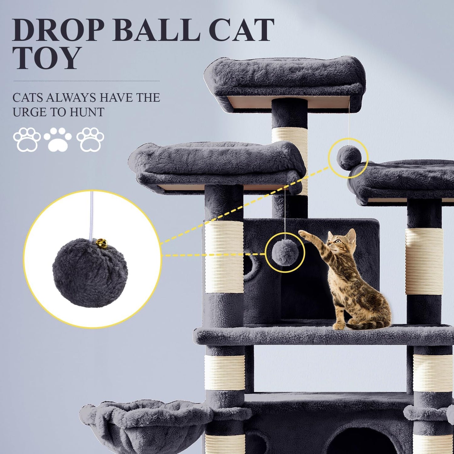 68 Inches Cat Tree/Cat Tree House and Towers for Large Cat/Cat Climbing Tree with Cat Condo/Cat Tree Scratching Post/Multi-Level Large Cat Tree/Smokey Grey