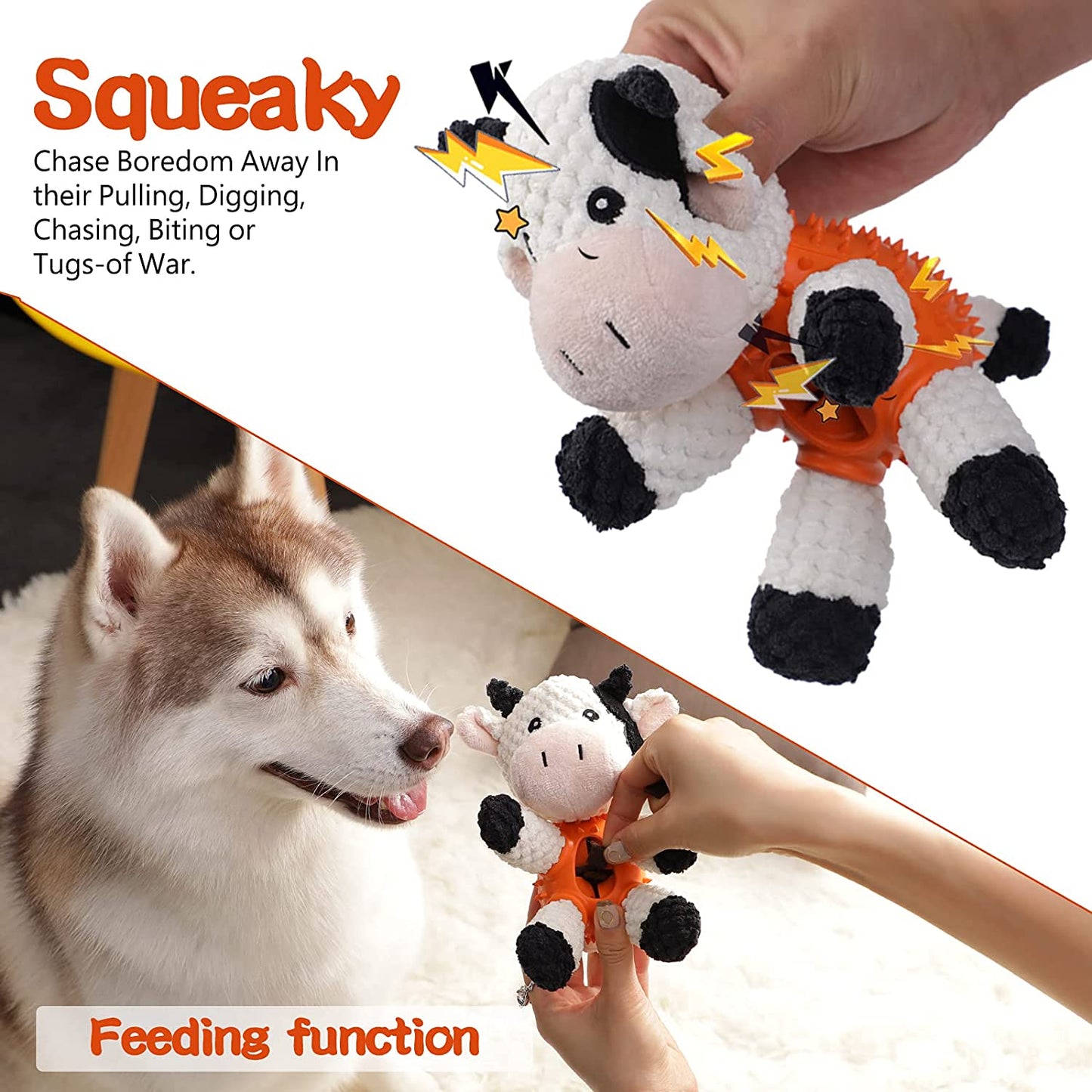 Dog Toys Stuffed Dog Chew Toys with Treat Dispensing Ball Squeaky Interactive Dog Toys for Small and Medium Dogs Puppy (Cow)