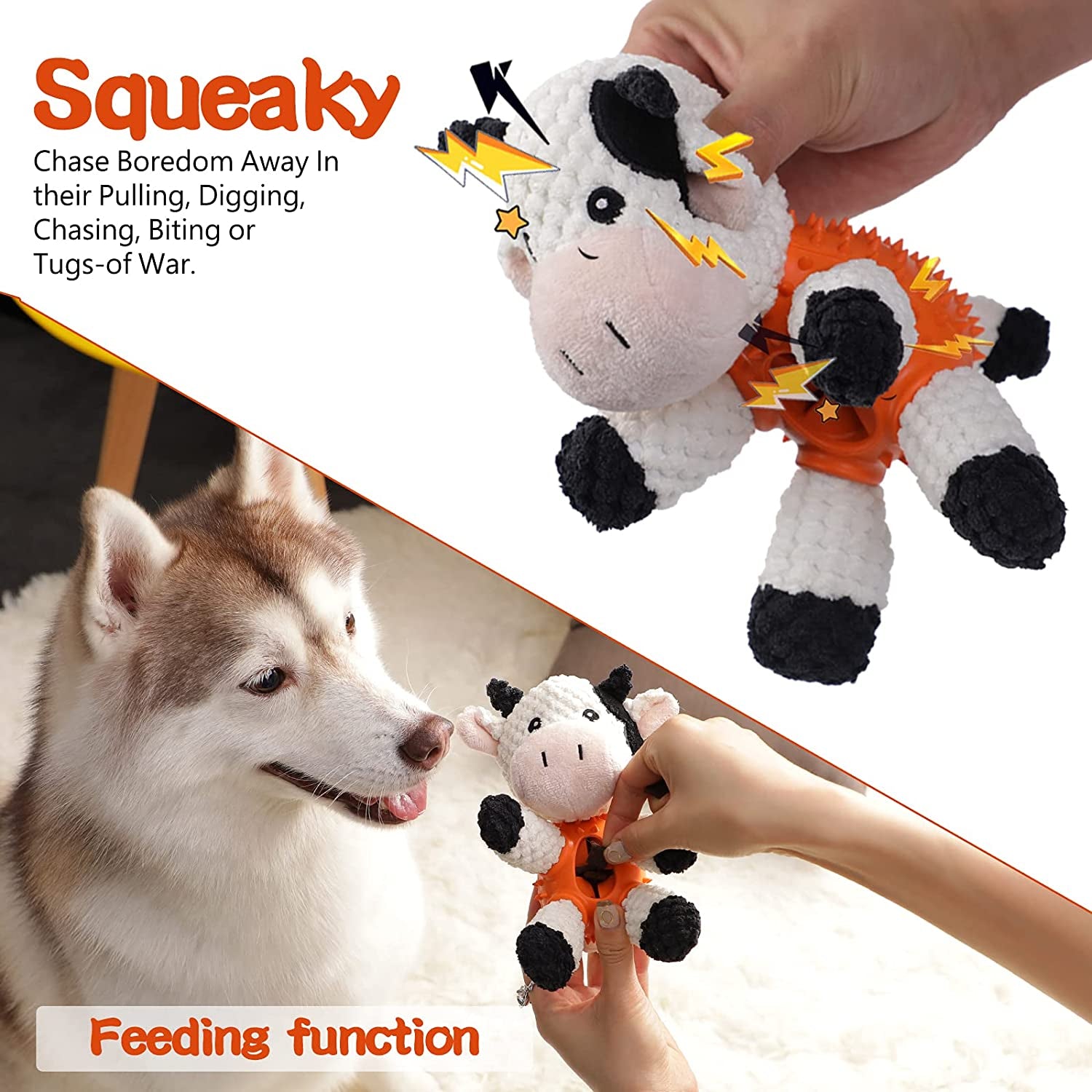 Dog Toys Stuffed Dog Chew Toys with Treat Dispensing Ball Squeaky Interactive Dog Toys for Small and Medium Dogs Puppy (Cow)