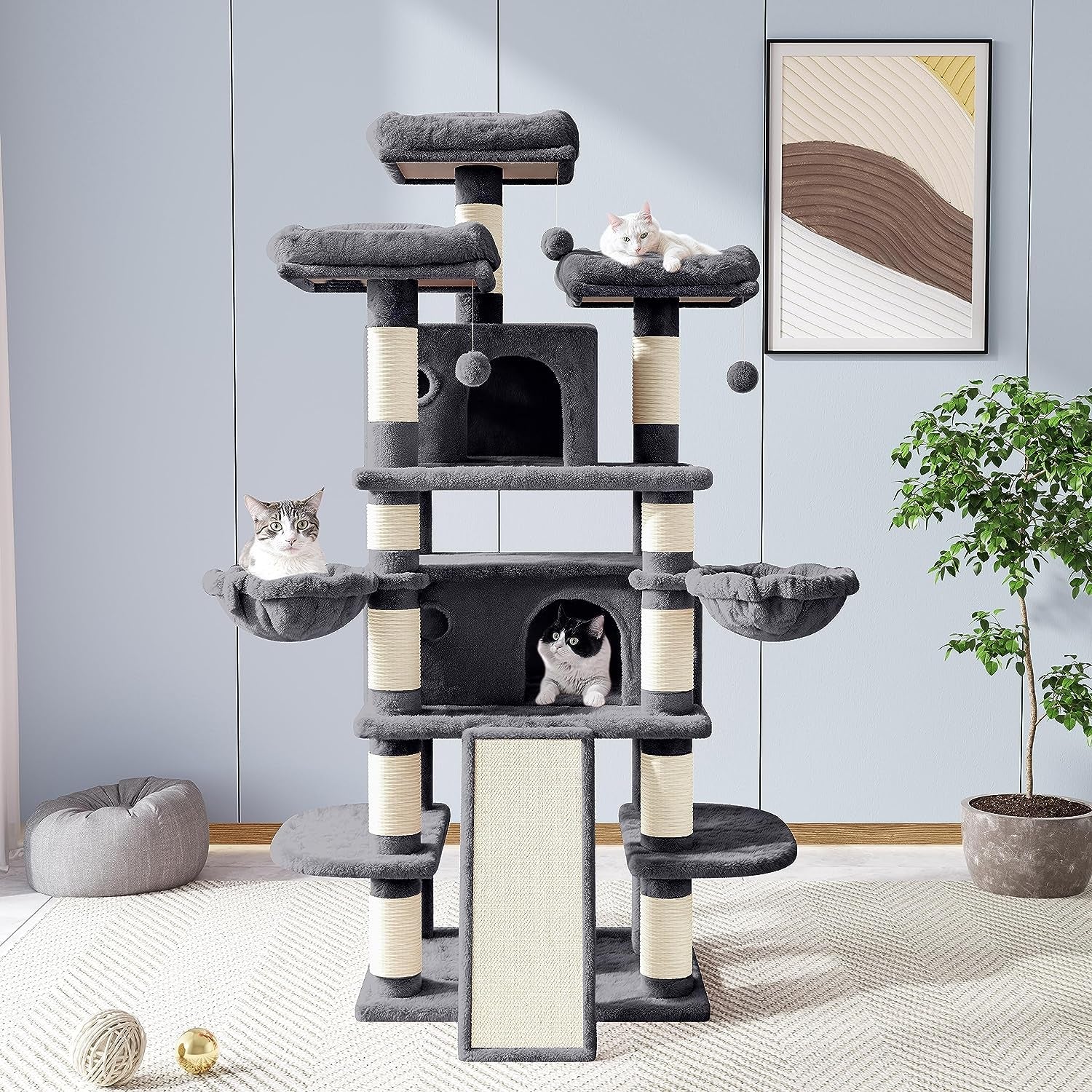 68 Inches Cat Tree/Cat Tree House and Towers for Large Cat/Cat Climbing Tree with Cat Condo/Cat Tree Scratching Post/Multi-Level Large Cat Tree/Smokey Grey