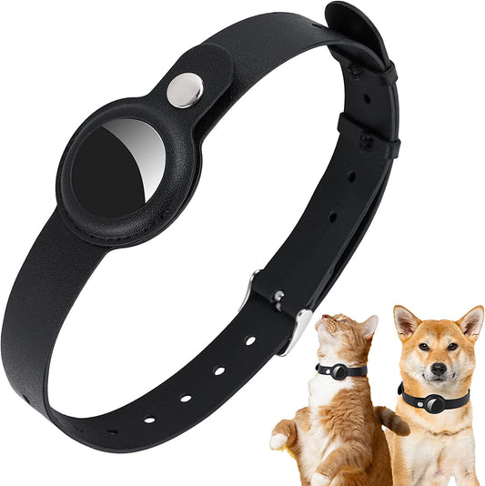 Medium Small Dog Cat Collar with Holder for Airtag, Lightweigt Durable PU Collar for Puppy Dog and Cats, Compatible for Airtag Accessories (Black)