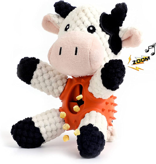 Dog Toys Stuffed Dog Chew Toys with Treat Dispensing Ball Squeaky Interactive Dog Toys for Small and Medium Dogs Puppy (Cow)