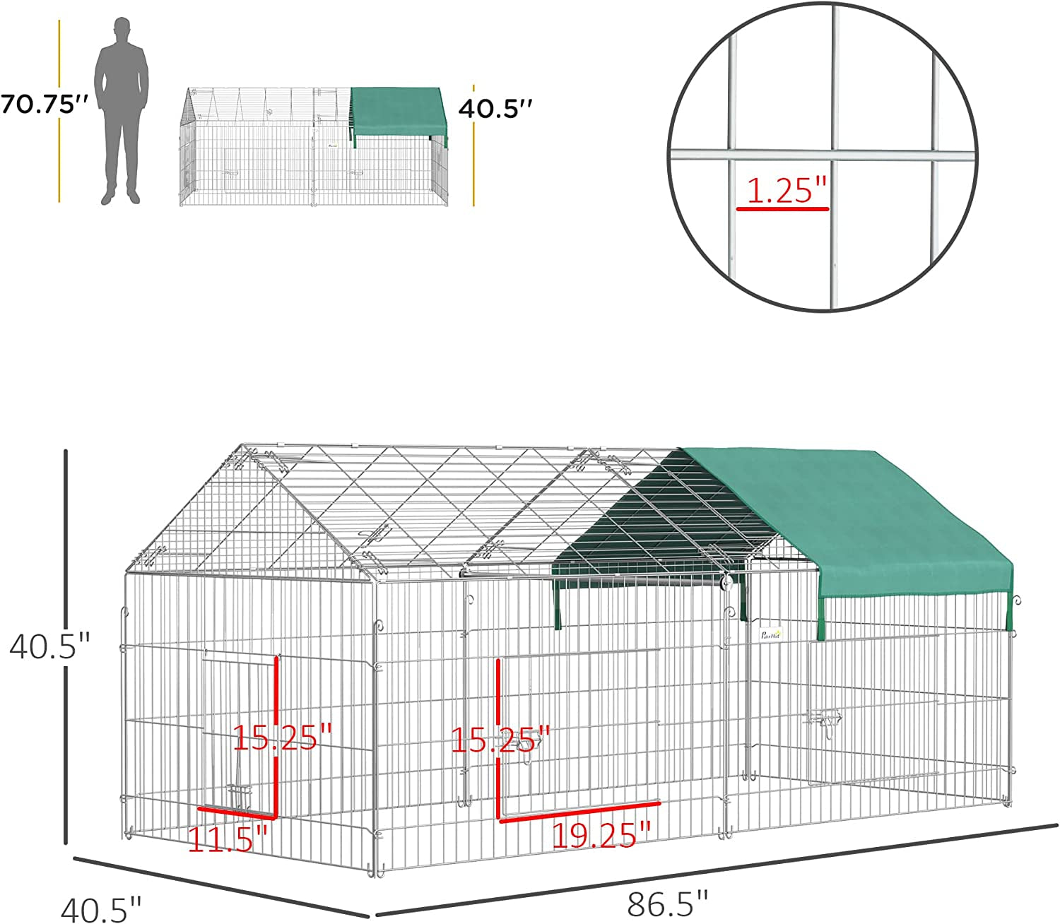 Catio Metal Chicken Run, 86.5" X 40.5" Portable Small Animal Playpen for Rabbit, Outdoor Dog Kennel with Water-Resistant Cover, Green