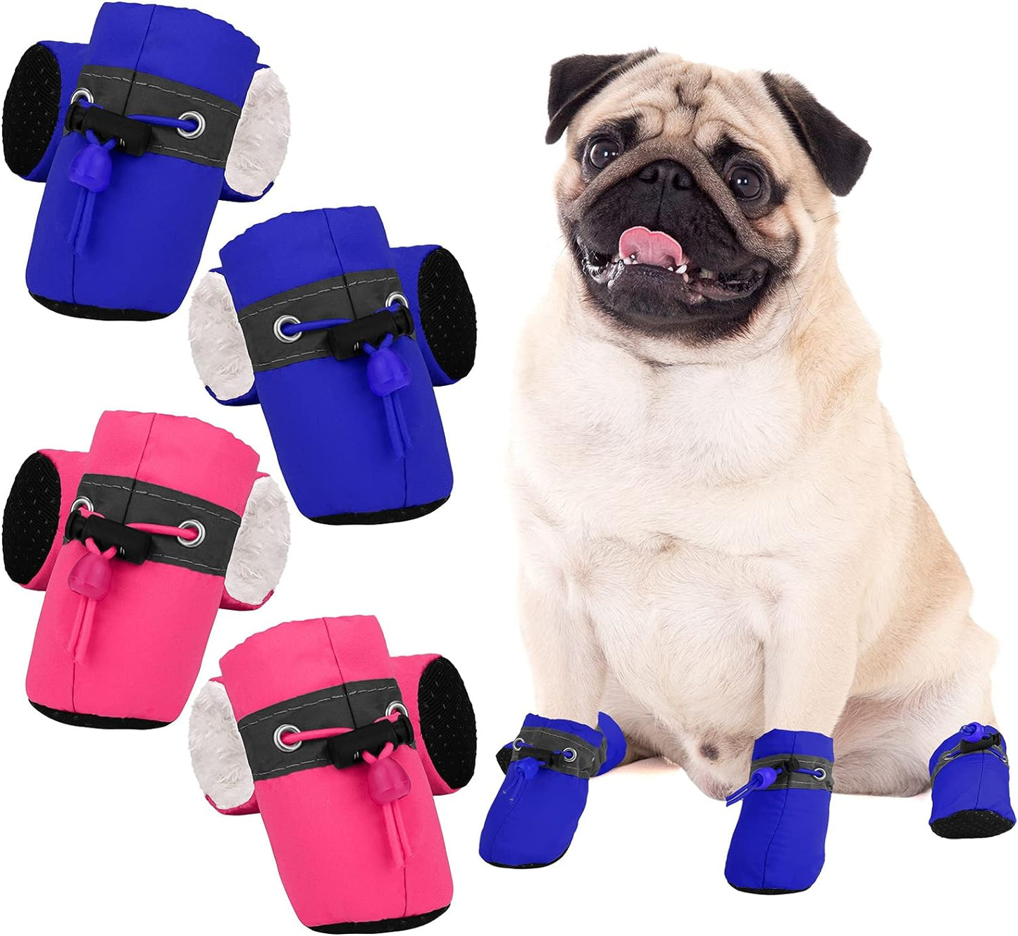 8 Pieces Dog Shoes Winter Warm Dog Paw Protector Anti-Slip Dog Boots with Reflective Straps for Dogs, Blue, Pink