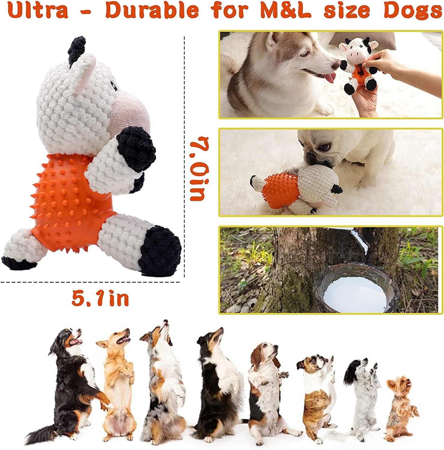 Dog Toys Stuffed Dog Chew Toys with Treat Dispensing Ball Squeaky Interactive Dog Toys for Small and Medium Dogs Puppy (Cow)