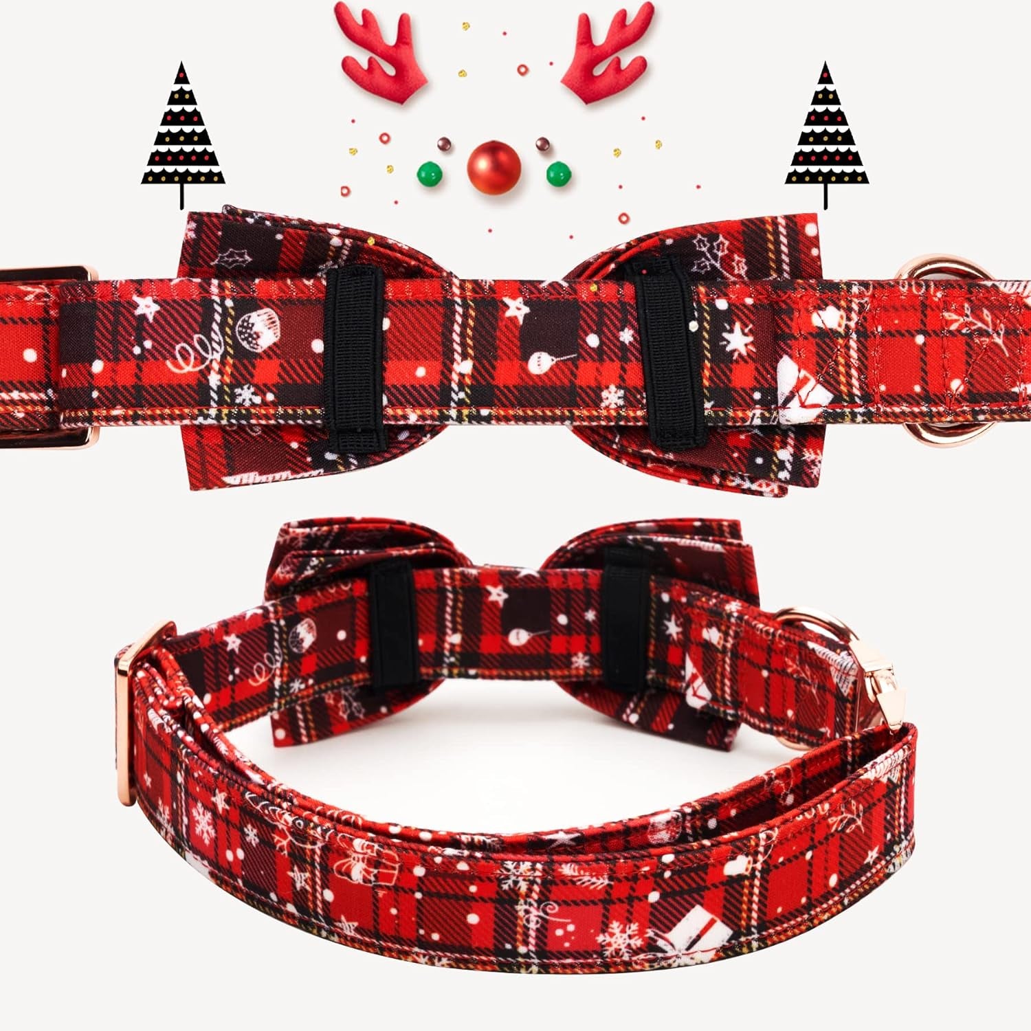 Christmas Dog Collar with Removable Bow Tie Classic Plaid Snowflake Pattern Soft Puppy Collars Durable Pet Collars for Small Medium Large Dogs