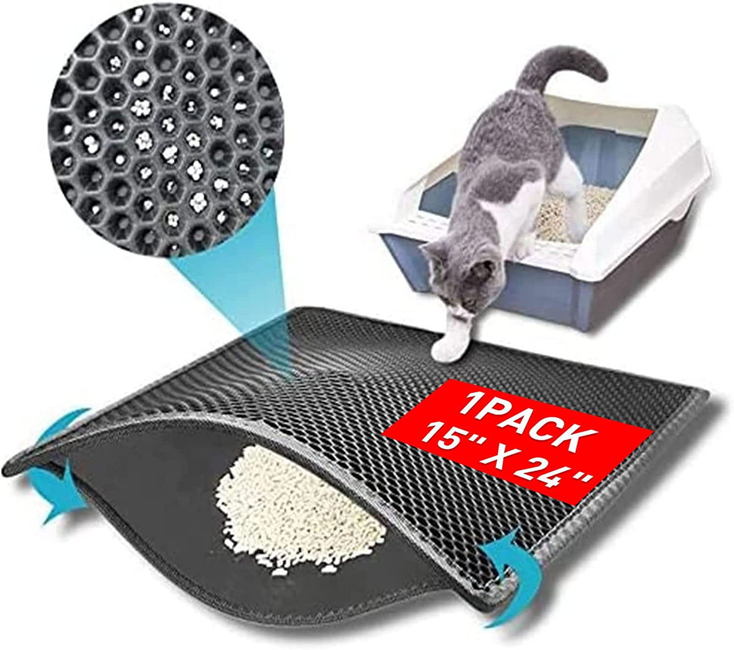 Cat Litter Mat, 15X24 Inch Litter Box Mat,Honeycomb Double Layer Trapping Litter Mat Design,Waterproof Urine Proof Kitty Litter Mat,Easy Clean Scatter Control (Grey, 15X24 Inch (Pack of 1))