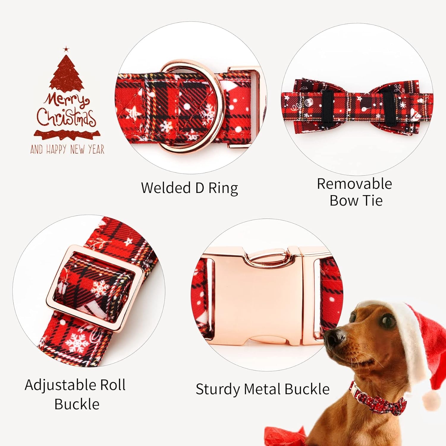 Christmas Dog Collar with Removable Bow Tie Classic Plaid Snowflake Pattern Soft Puppy Collars Durable Pet Collars for Small Medium Large Dogs