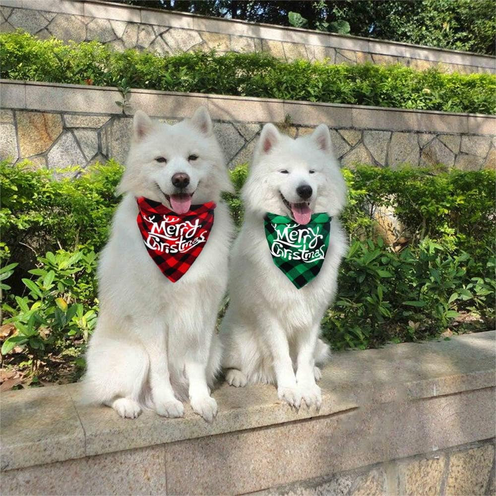 2 Pack Dog Christmas Bandana, Classical Buffalo Plaid Pet Bandana, Reversible Scarf Triangle Bibs Kerchief Set (2 Pack, Red&Green, Merry Chrismas Pattern)