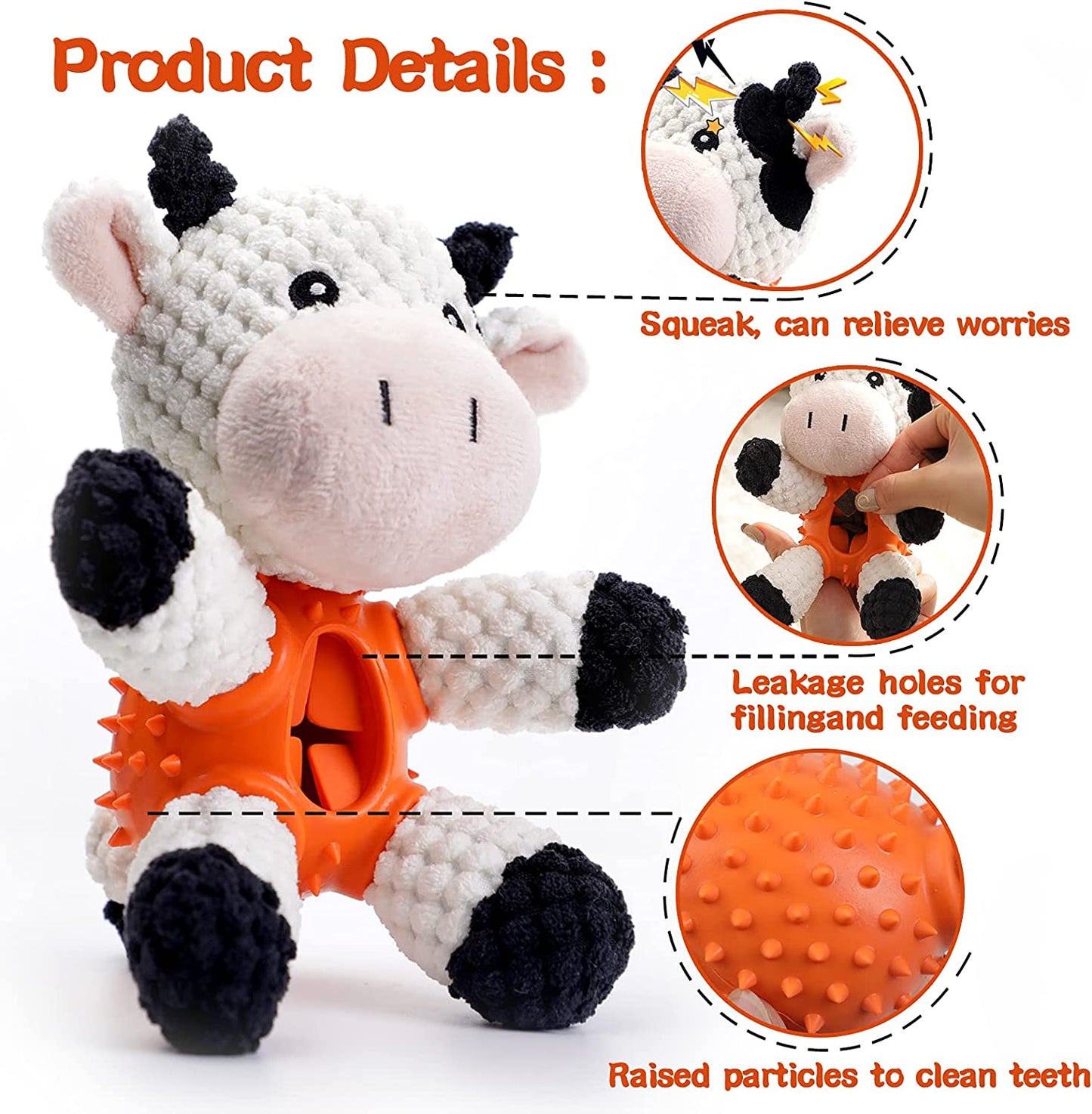 Dog Toys Stuffed Dog Chew Toys with Treat Dispensing Ball Squeaky Interactive Dog Toys for Small and Medium Dogs Puppy (Cow)