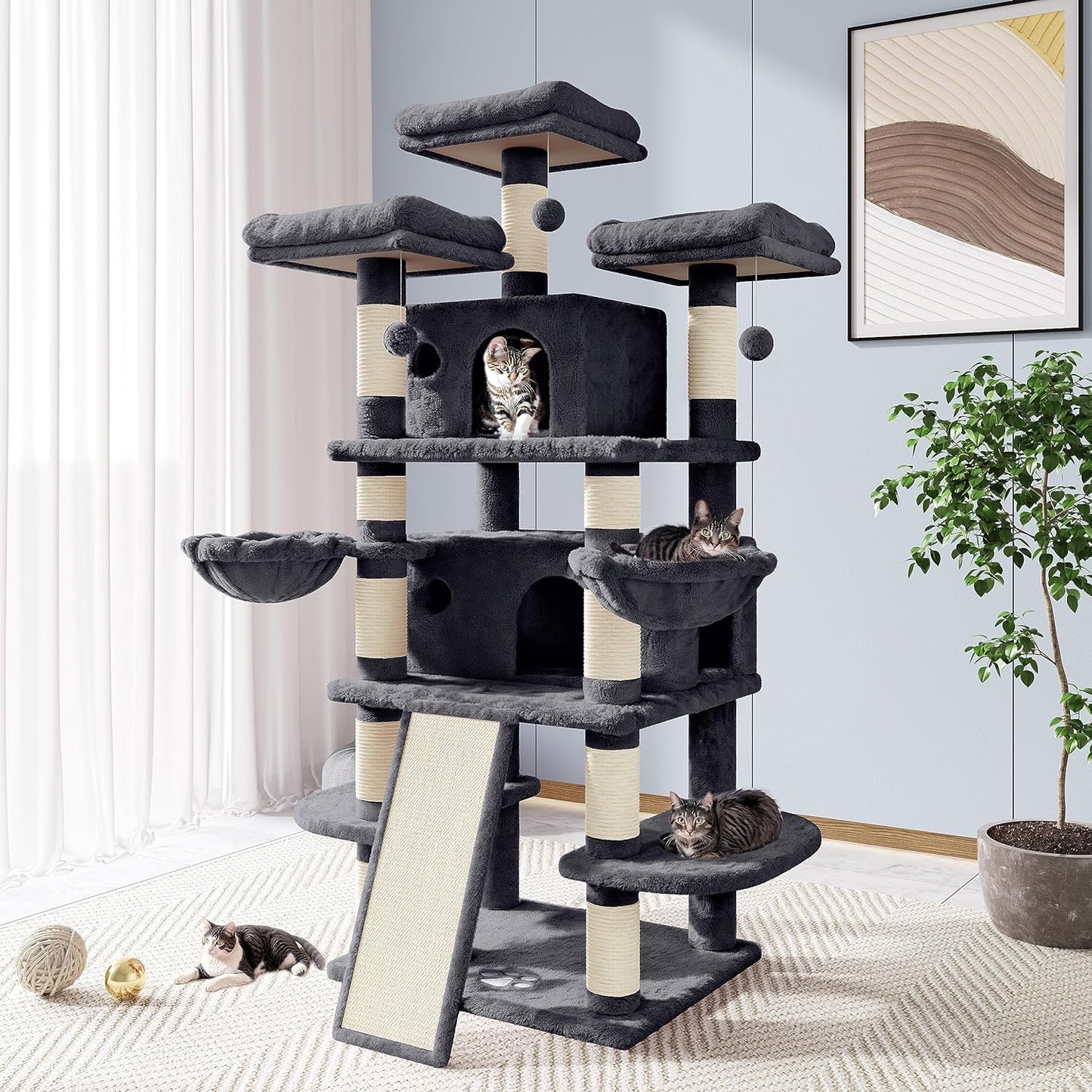 68 Inches Cat Tree/Cat Tree House and Towers for Large Cat/Cat Climbing Tree with Cat Condo/Cat Tree Scratching Post/Multi-Level Large Cat Tree/Smokey Grey