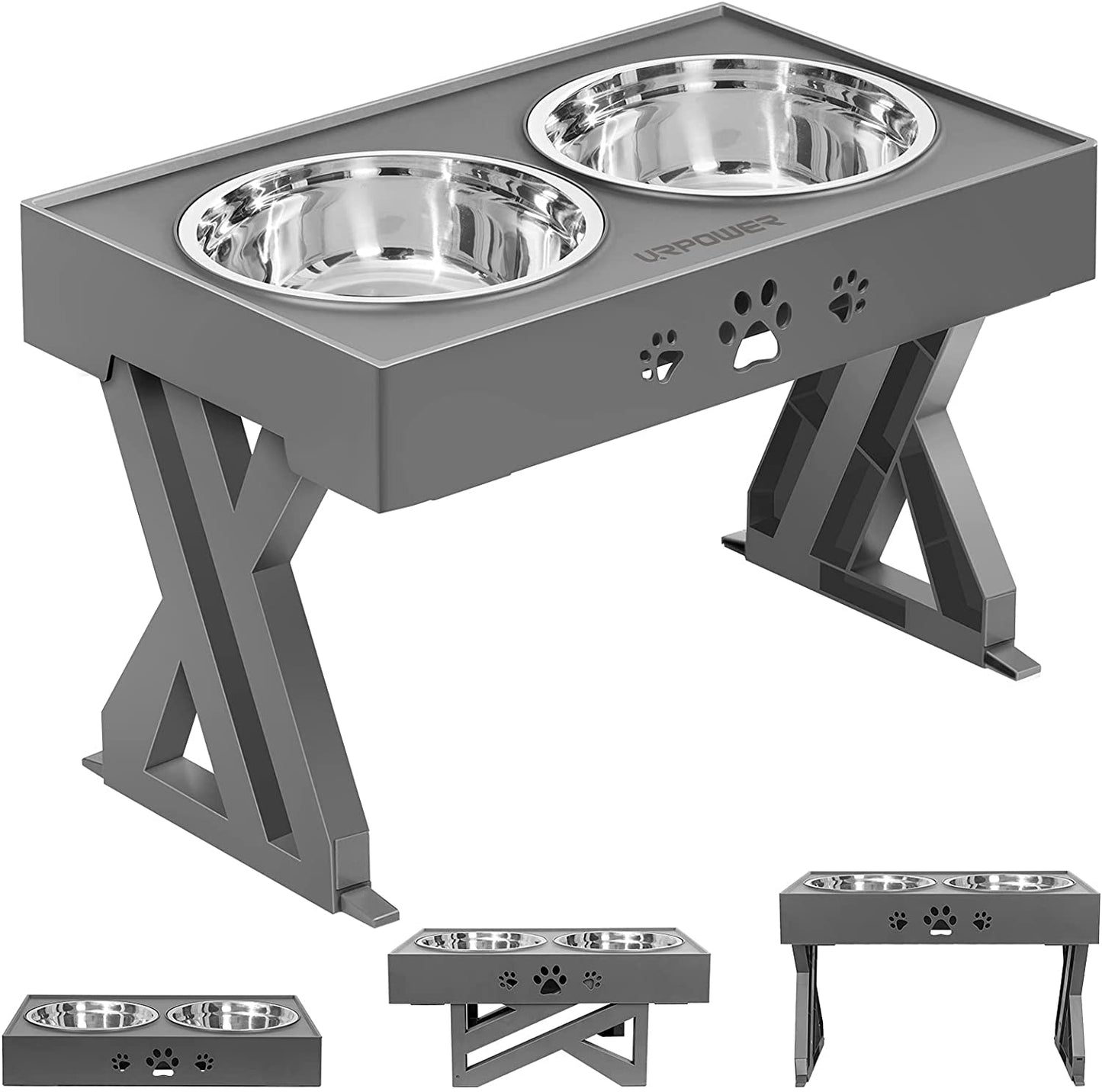 Elevated Dog Bowls Adjustable Raised Bowl with 2 Stainless Steel 1.5L Food Bowls Stand Non-Slip No Spill Dog Dish Adjusts to 3 Heights 2.8”, 8”, 12”For Small Medium Large Dogs and Pets