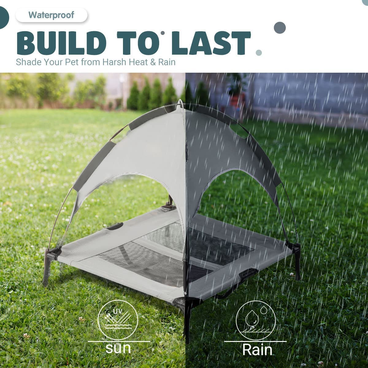 outside Lifted Dog Bed Waterproof Portable Dog Bed with Canopy for Medium Dogs Indoor and Outdoor, Detachable Dome Dog House with Removable Cover, with Extra Carry Bag, Grey