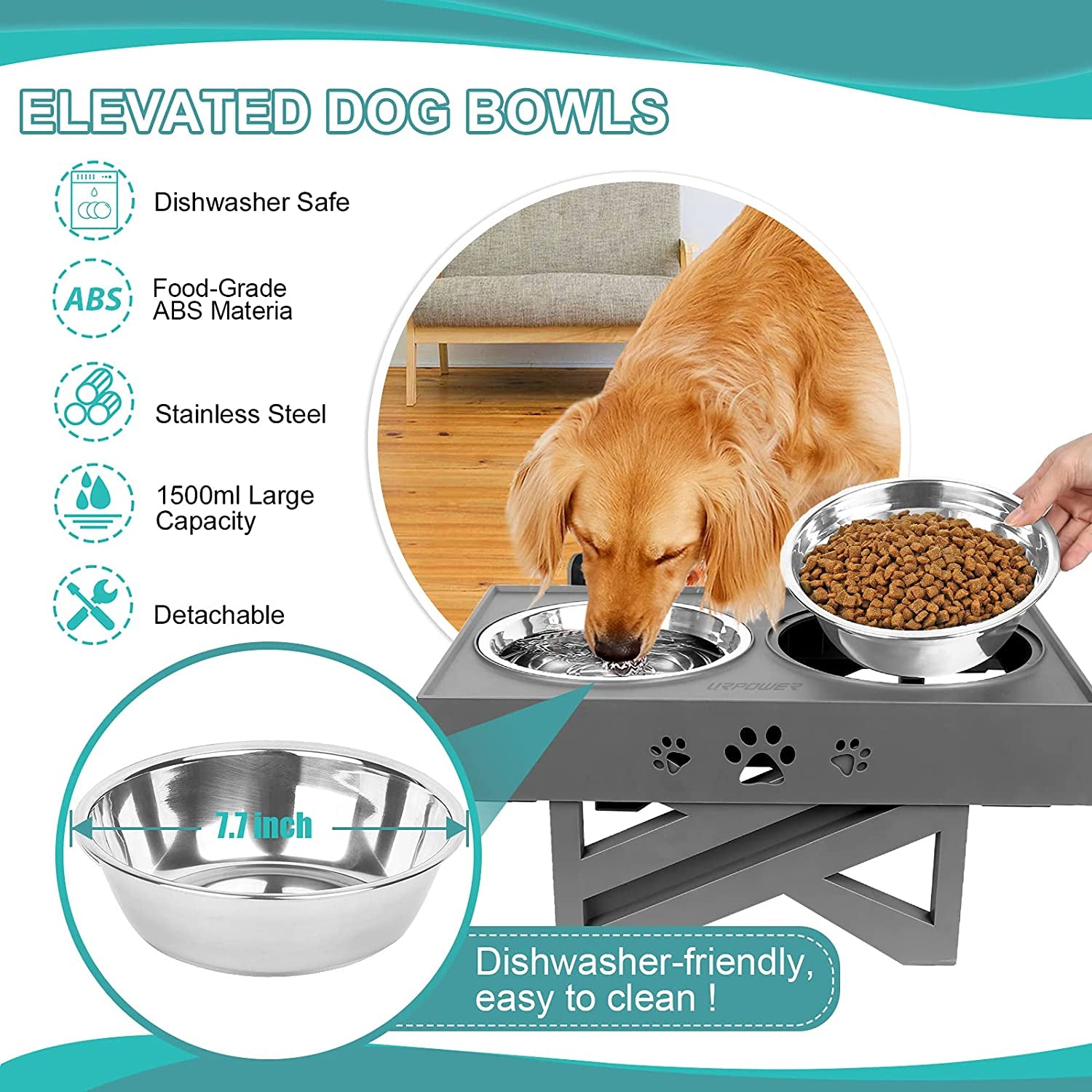 Elevated Dog Bowls Adjustable Raised Bowl with 2 Stainless Steel 1.5L Food Bowls Stand Non-Slip No Spill Dog Dish Adjusts to 3 Heights 2.8”, 8”, 12”For Small Medium Large Dogs and Pets