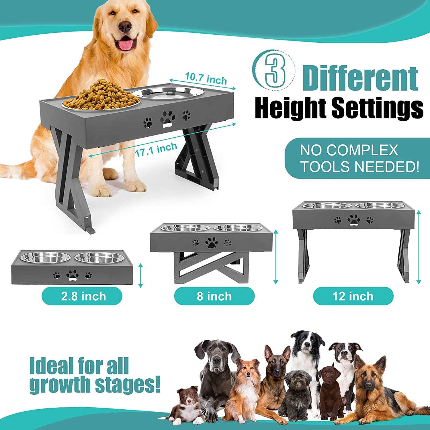 Elevated Dog Bowls Adjustable Raised Bowl with 2 Stainless Steel 1.5L Food Bowls Stand Non-Slip No Spill Dog Dish Adjusts to 3 Heights 2.8”, 8”, 12”For Small Medium Large Dogs and Pets