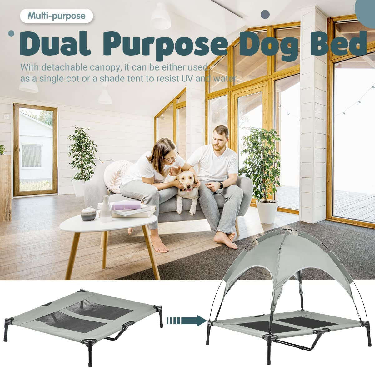 outside Lifted Dog Bed Waterproof Portable Dog Bed with Canopy for Medium Dogs Indoor and Outdoor, Detachable Dome Dog House with Removable Cover, with Extra Carry Bag, Grey