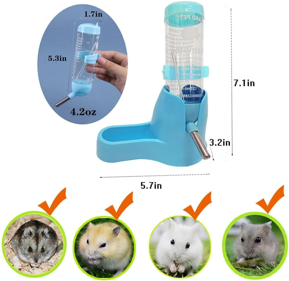 Small Animal Water Bottles, 3 in 1 No Drip Hamster Water Bottle Free Standing Small Pets Water Dispenser with Stand /Food Dish for Dwarf Hamsters, Gerbils and Other Small Rodents (125Ml,Blue)