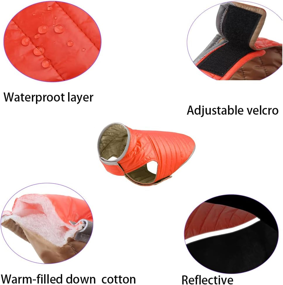 Reversible Dog Coat Cold Weather Warm Jacket Waterproof Windproof Puppy Apparel for Medium Small Pets(Orange&Brown,Xs)