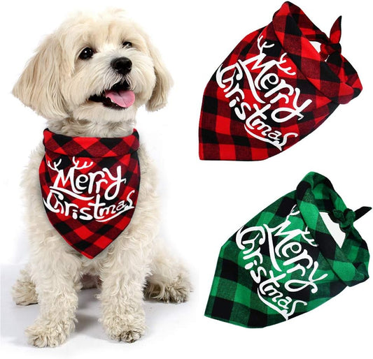 2 Pack Dog Christmas Bandana, Classical Buffalo Plaid Pet Bandana, Reversible Scarf Triangle Bibs Kerchief Set (2 Pack, Red&Green, Merry Chrismas Pattern)