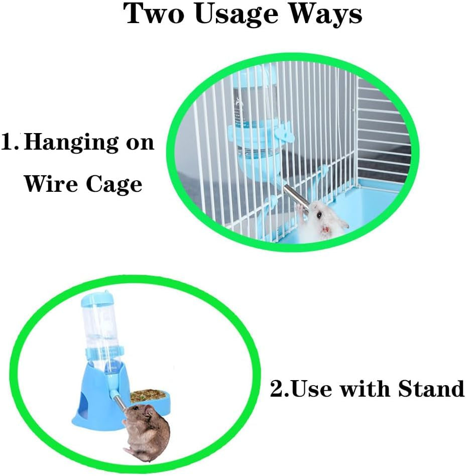 Small Animal Water Bottles, 3 in 1 No Drip Hamster Water Bottle Free Standing Small Pets Water Dispenser with Stand /Food Dish for Dwarf Hamsters, Gerbils and Other Small Rodents (125Ml,Blue)