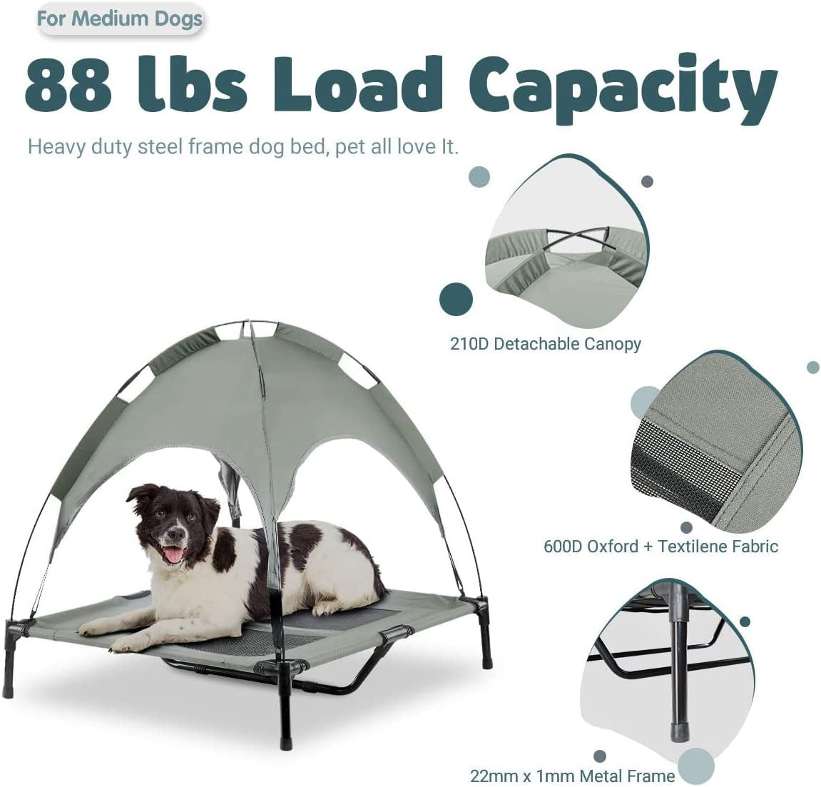 outside Lifted Dog Bed Waterproof Portable Dog Bed with Canopy for Medium Dogs Indoor and Outdoor, Detachable Dome Dog House with Removable Cover, with Extra Carry Bag, Grey