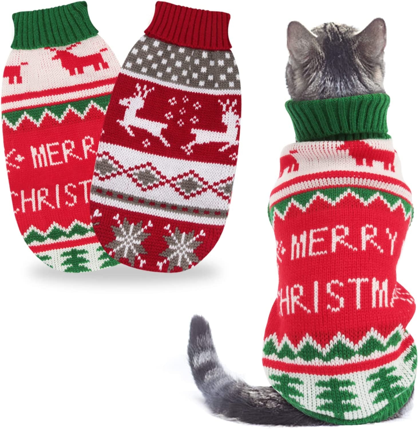 2 Packs Cat Christmas Sweater Christmas Dog Sweaters Pet Cat Winter Knitwear Warm Clothes Pet Reindeer Snowflake Merry Christmas Pet Sweaters for Kittys and Small Dogs