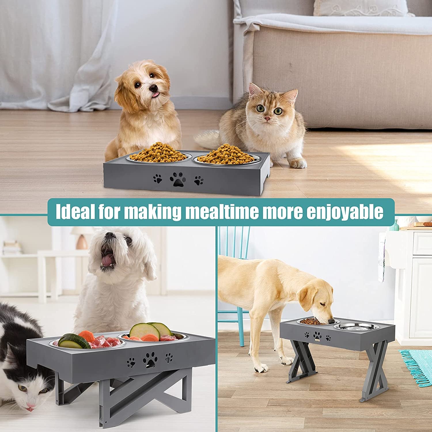 Elevated Dog Bowls Adjustable Raised Bowl with 2 Stainless Steel 1.5L Food Bowls Stand Non-Slip No Spill Dog Dish Adjusts to 3 Heights 2.8”, 8”, 12”For Small Medium Large Dogs and Pets