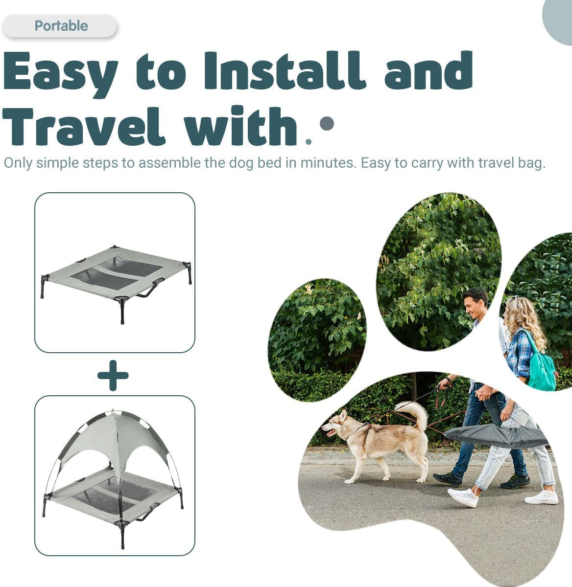 outside Lifted Dog Bed Waterproof Portable Dog Bed with Canopy for Medium Dogs Indoor and Outdoor, Detachable Dome Dog House with Removable Cover, with Extra Carry Bag, Grey