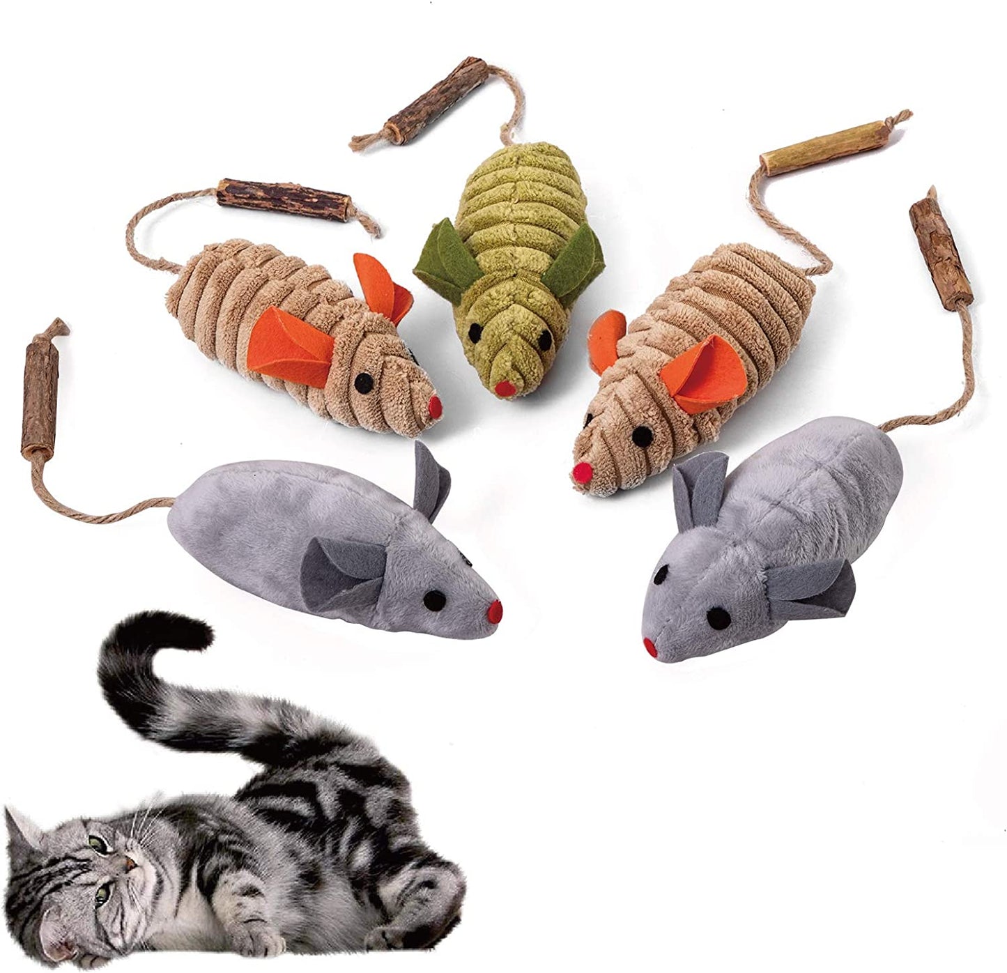 5Pcs Cat Catnip Toy Oirganic Silvervine Toys Plush Cat Chew Interactive Toys Cat Mice & Animals Toys for Indoor Cats and Kittens over 6 Months Old (Multicolor 5Pcs Mice)