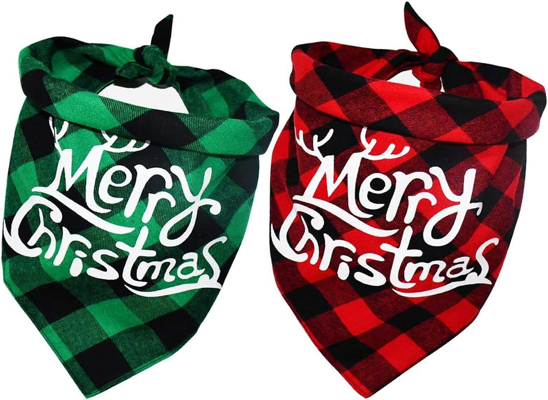 2 Pack Dog Christmas Bandana, Classical Buffalo Plaid Pet Bandana, Reversible Scarf Triangle Bibs Kerchief Set (2 Pack, Red&Green, Merry Chrismas Pattern)